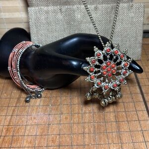 Coral Pendant Chimes Necklace 26”L w Silver Beaded Copper Color Coil Bracelet 6”